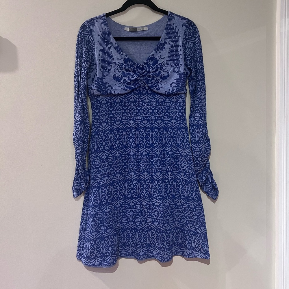 Athleta Blue Floral Long Sleeve Dress